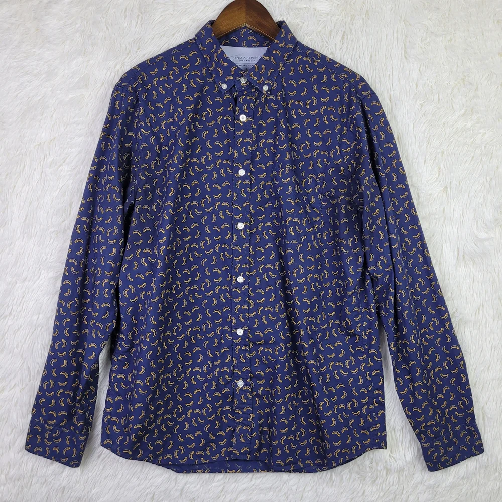 Banana Republic Mens L Luxe Poplin‎ Slim Fit Fruit Graphic Shirt Preppy Casual